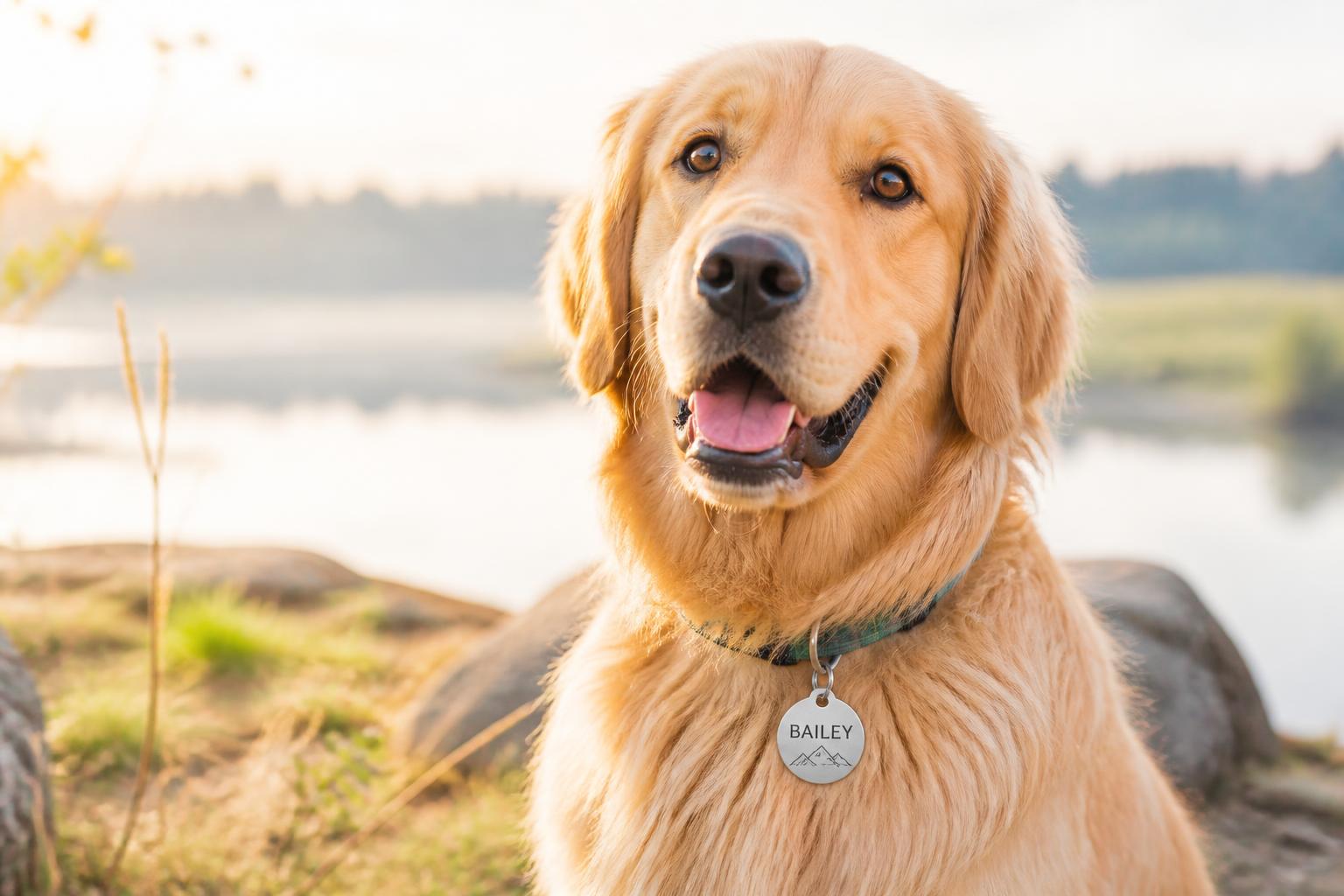 Golden retriever wearing a collar with a clear pet ID tag