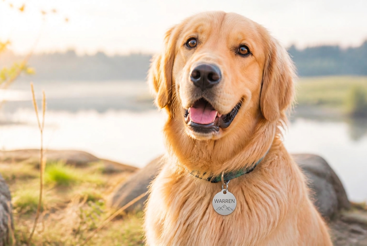 Golden retriever wearing a collar with a clear pet ID tag